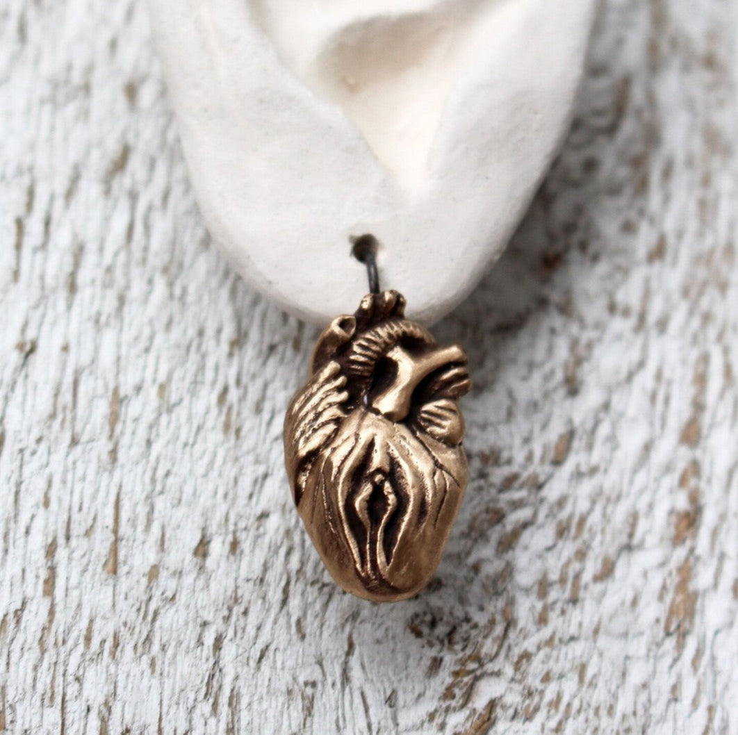 earrings designed with an anatomical heart and vulva hybrid motif. detailed sculptural shape that combines elements of poetry, humor, and provocative imagery.