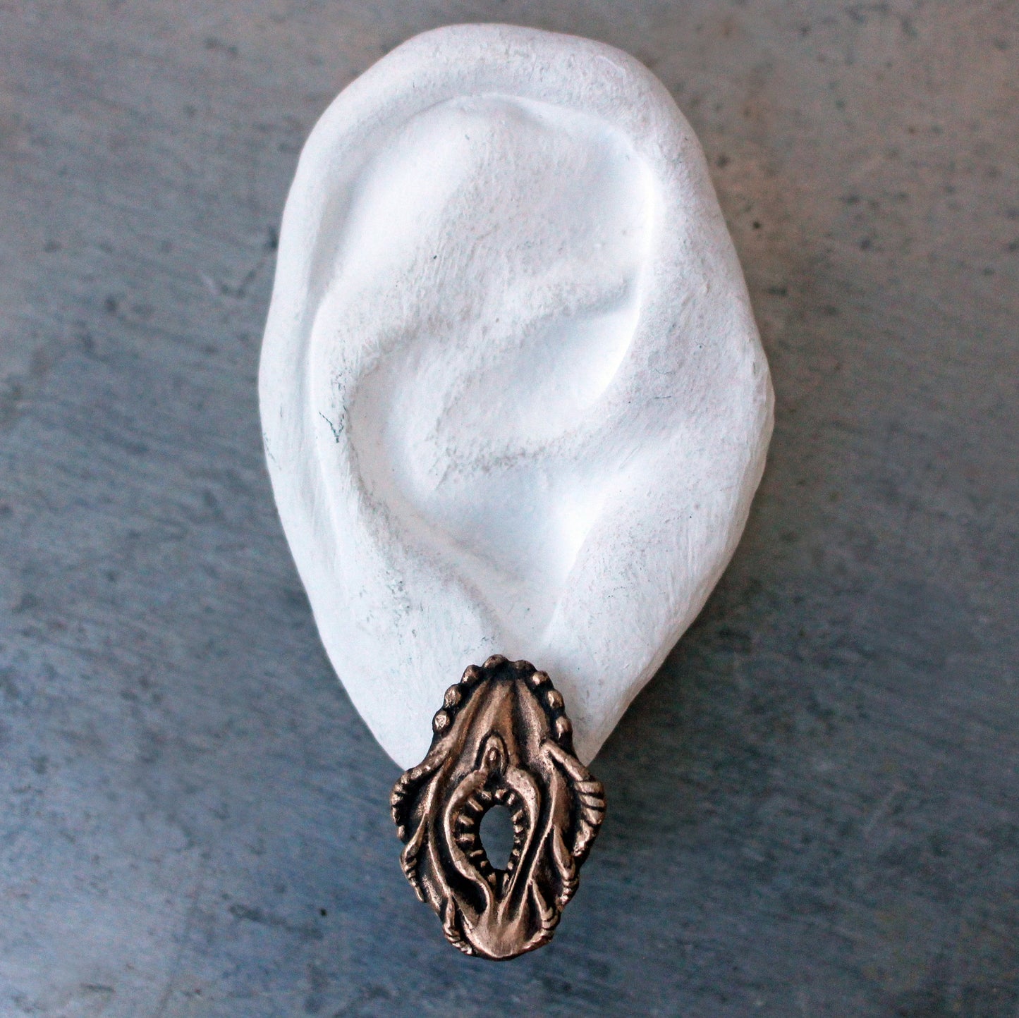 örhängen i brons och titan med fittor med tänder och klor