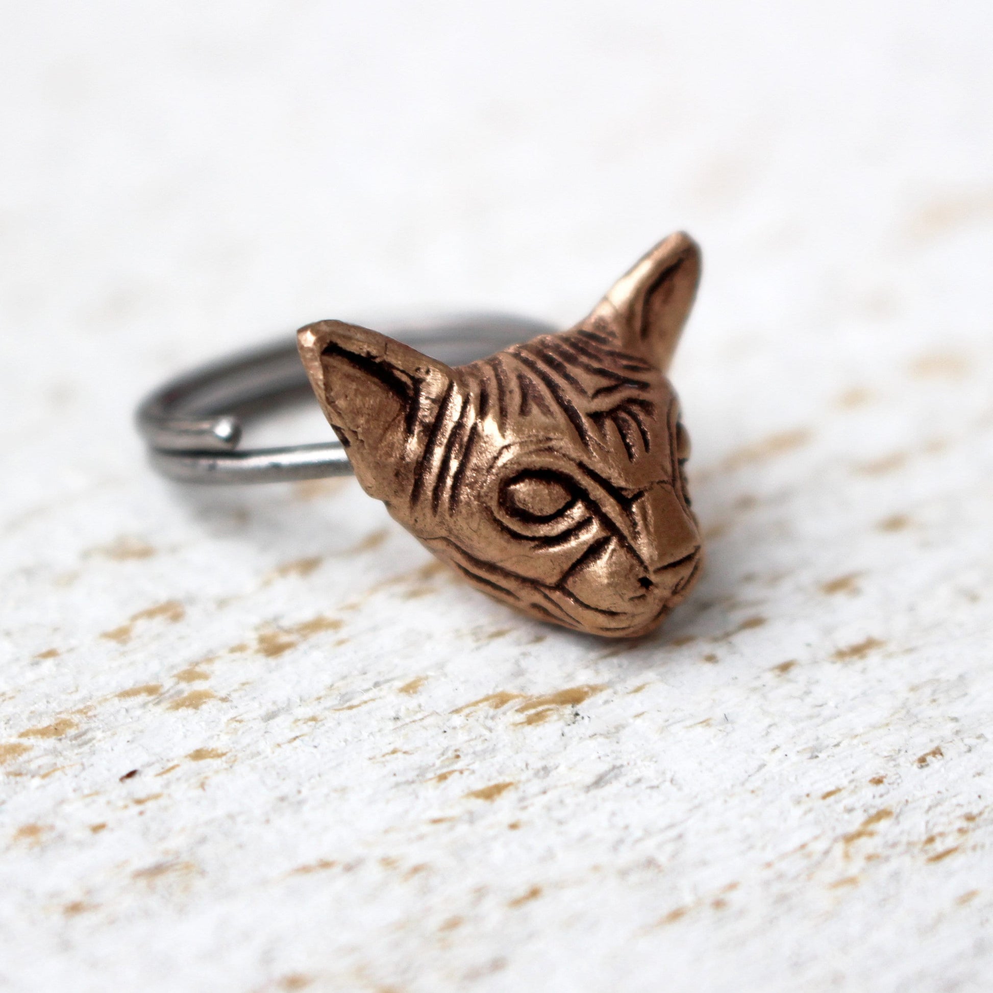 ring i brons och stål med hårlös katt
