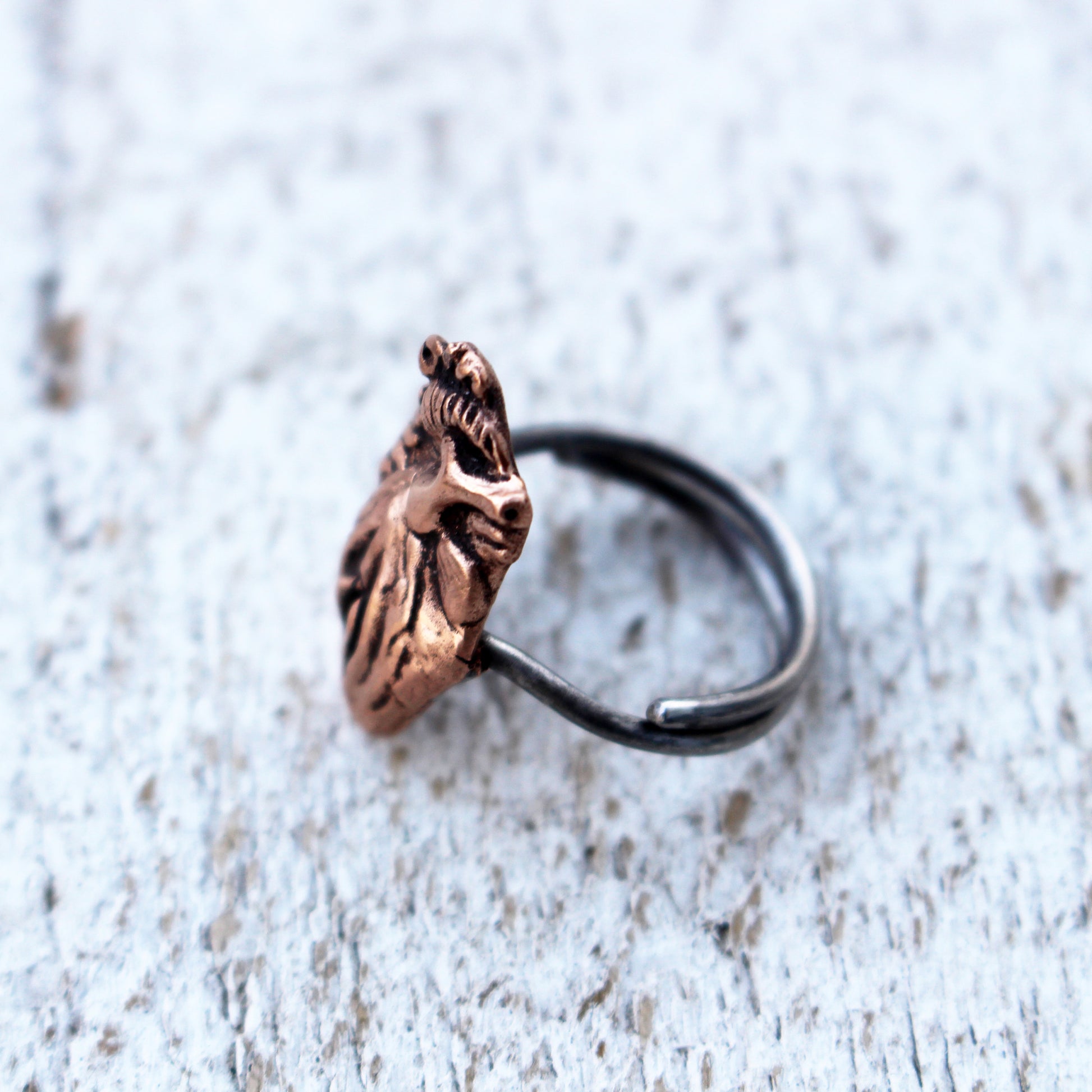 anatomical heart and vulva hybrid ring copper and bronze