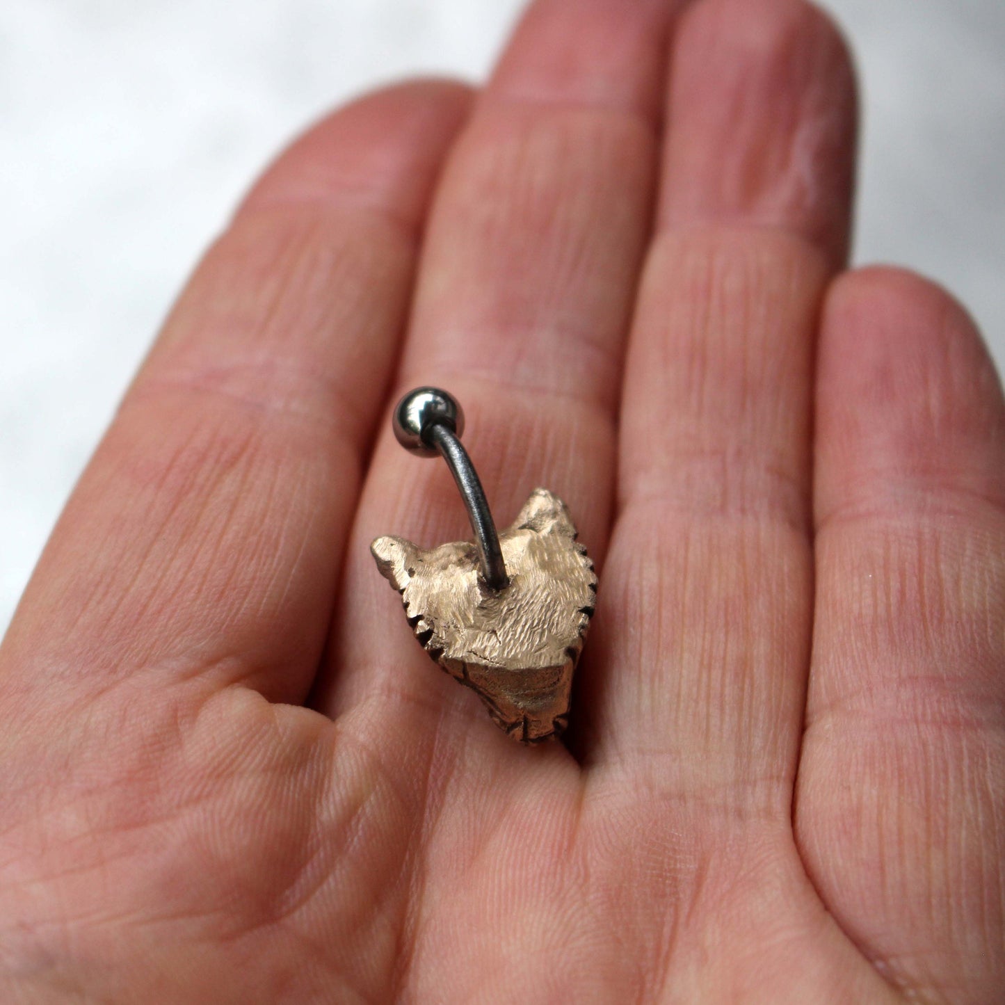 backside bronze wolf head belly ring piercing with 14g surgical steel barbell.