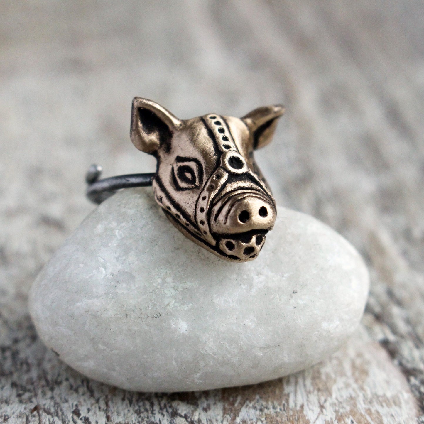 bronze  pig finger ring with a ball gag harness