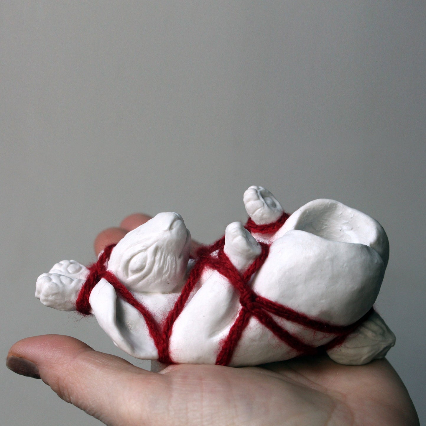 shibari bdsm skulptur av en bunden vit porslinskanin