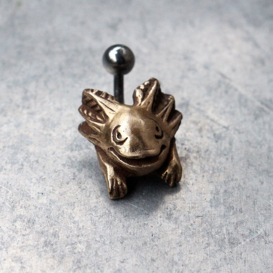 Bronze and titanium belly button ring in with an axolotl 