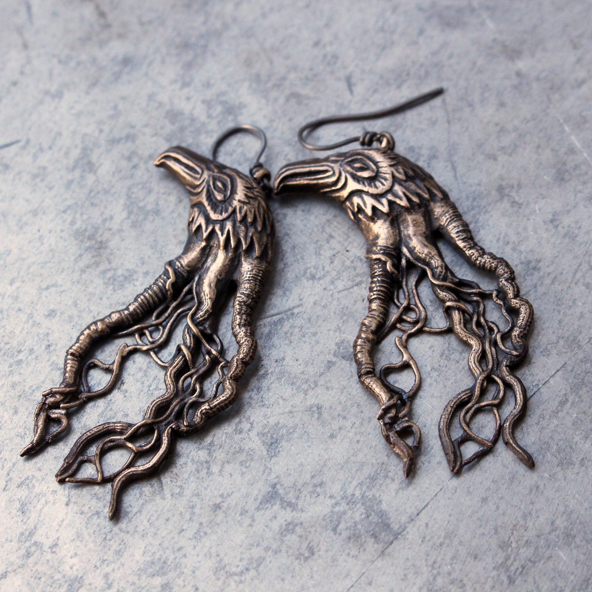 bronze and titanium crow filigree earrings
