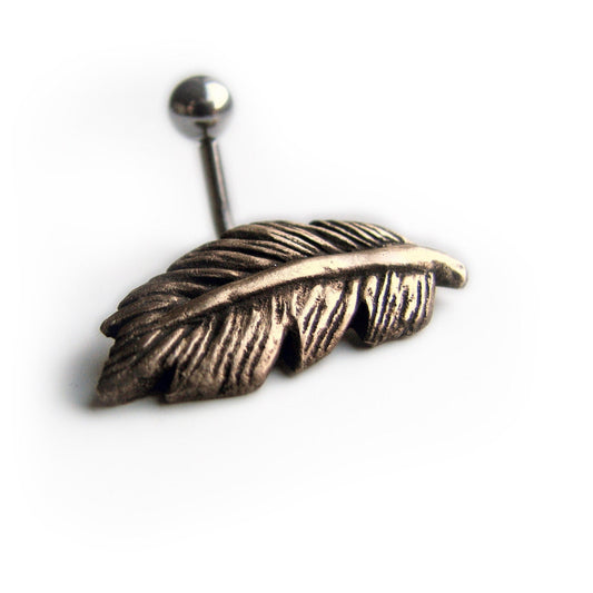 belly button ring with a bronze feather  with a curved 14 gauge barbell, either made of titanium or surgical steel.