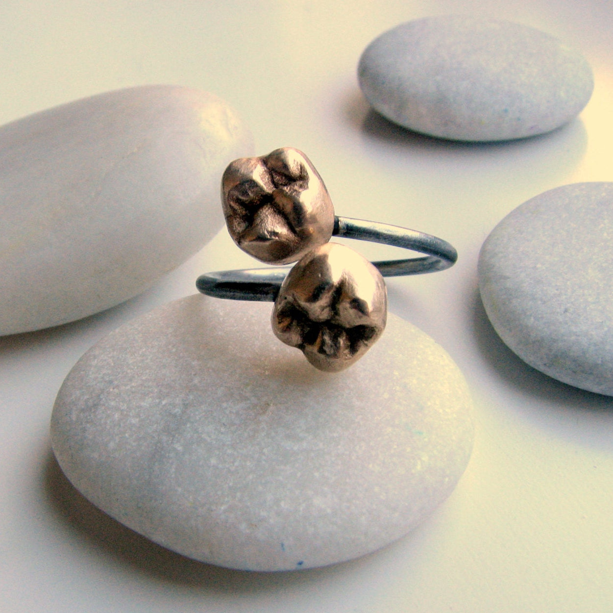 an adjustable ring with two bronze teeth