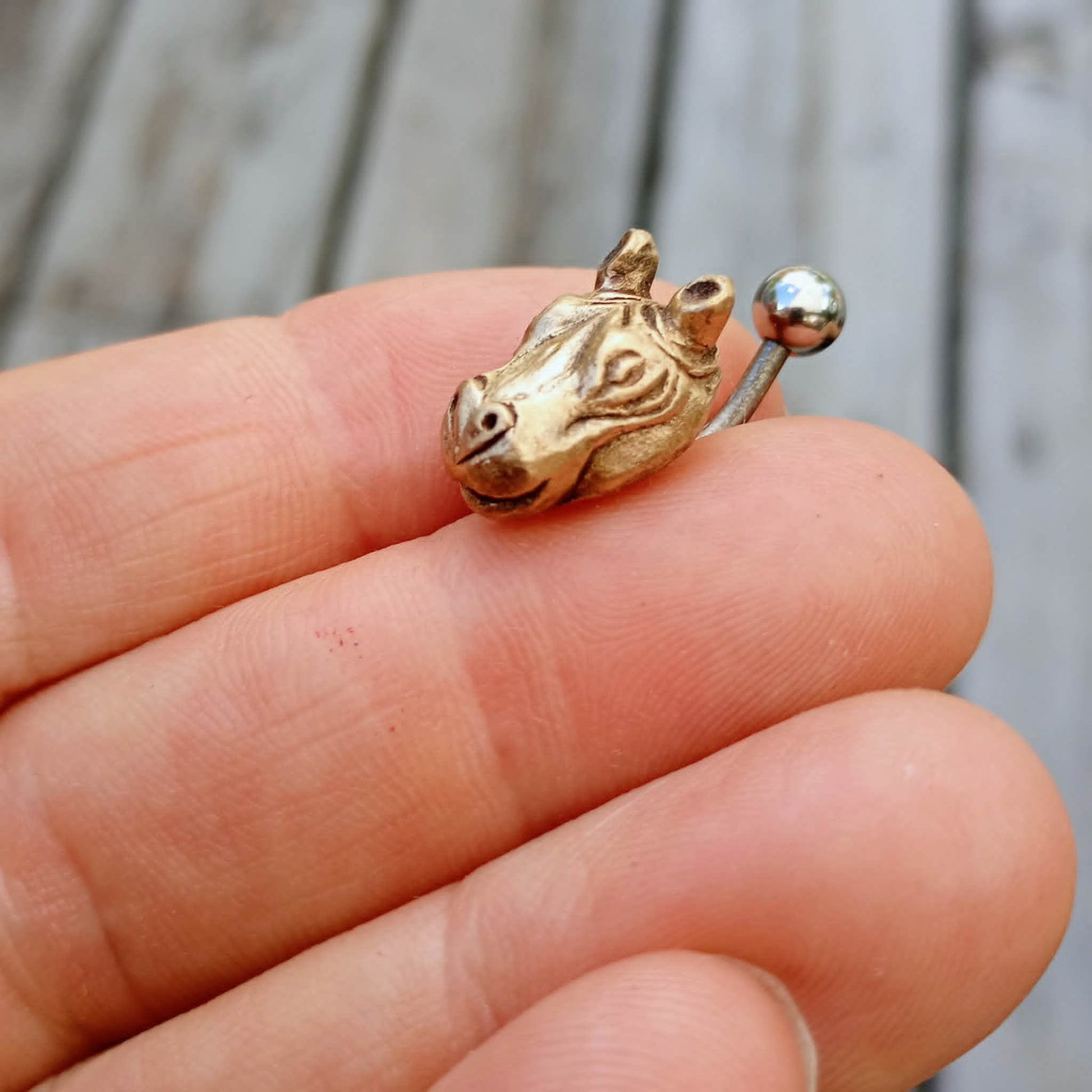 navel piercig smycke med flodhästhuvud hållen i konstnärens hand