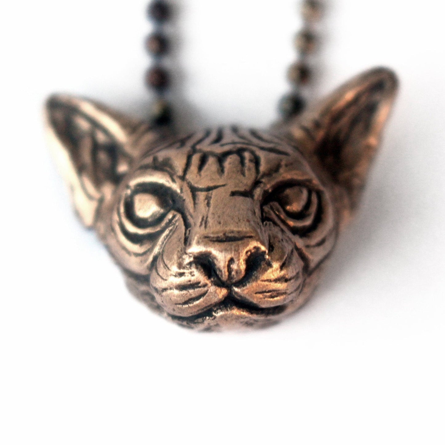 Bronze cat head necklace on a white background
