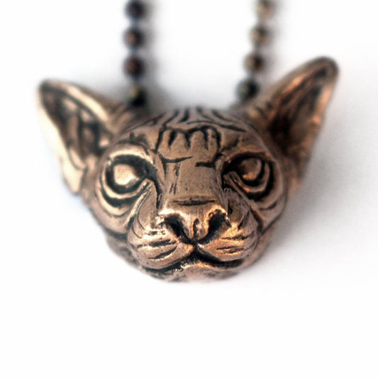 Bronze cat head necklace on a white background