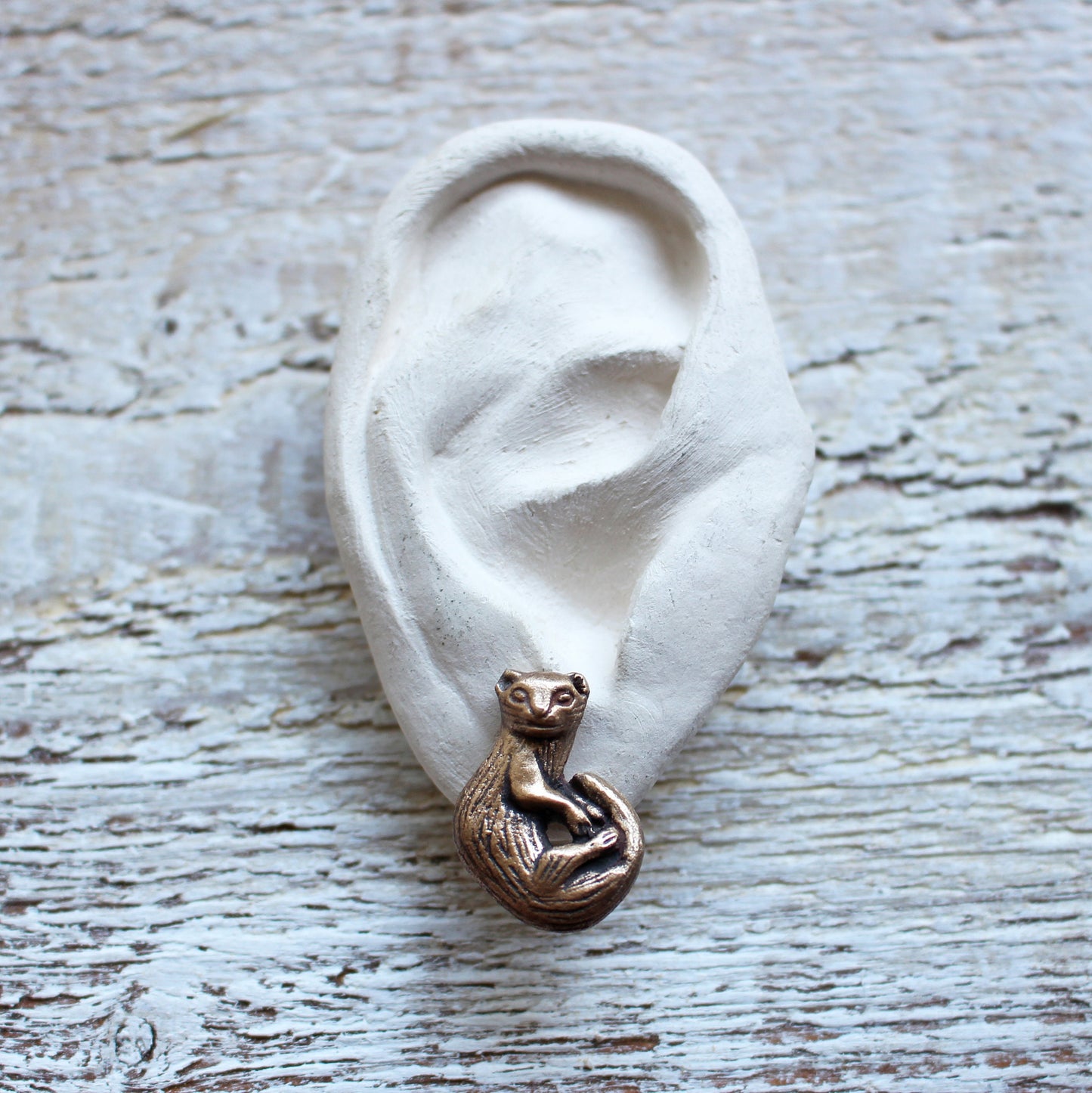 illerörhängen i brons och titan, visas på ett vitt keramiköra