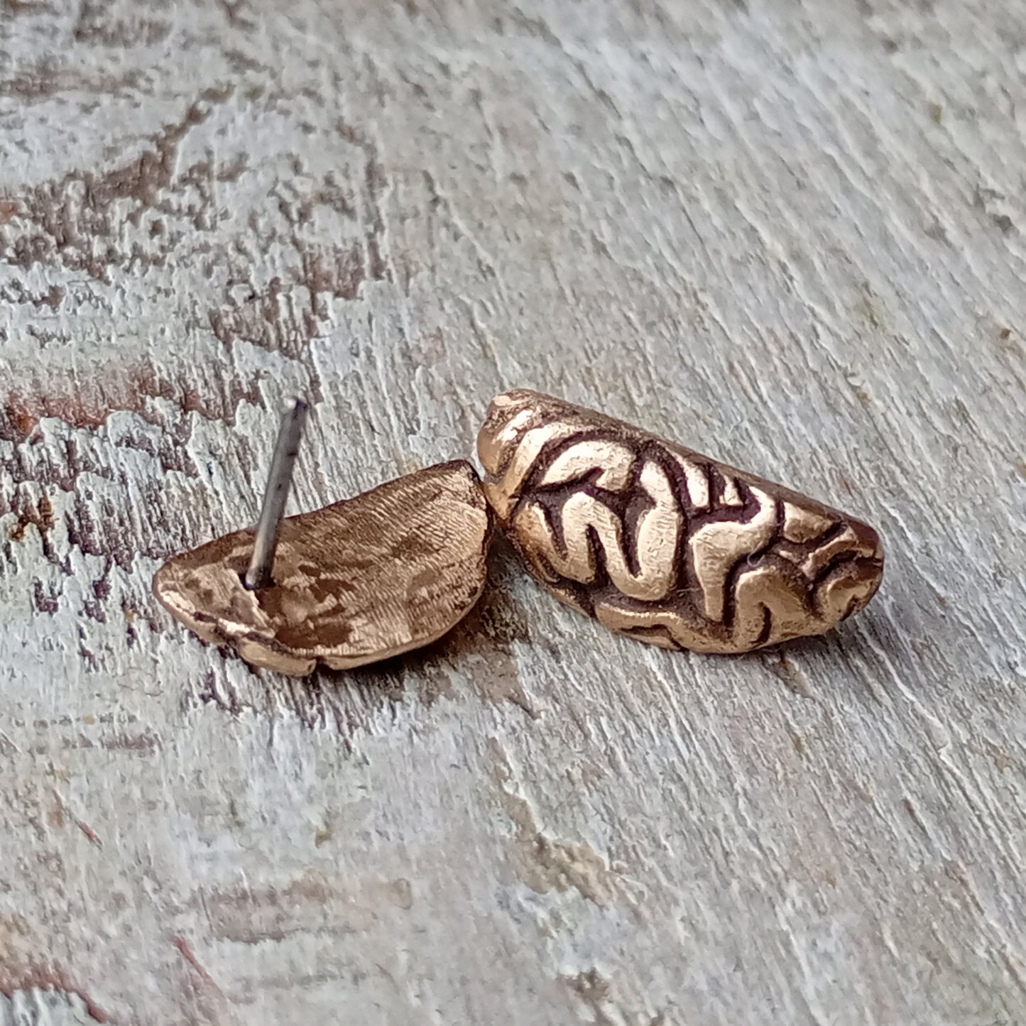 örhängen i titan och brons med hjärnhalvor, formade som halvmånar