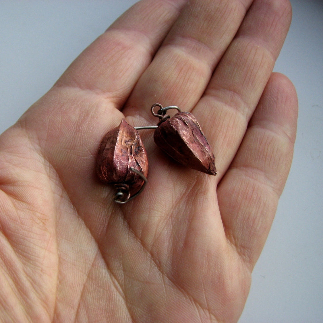 örhängen med physalis skulpterade i koppar med titan krokar