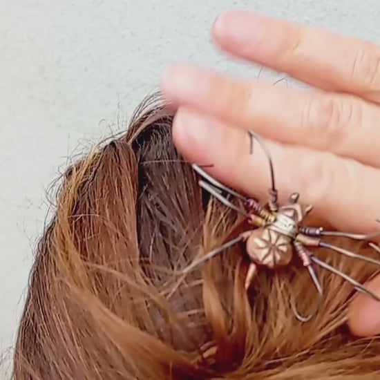spider hairstick handmade in bronze, titanium and silver