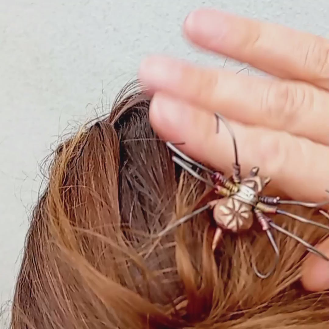 spider hairstick handmade in bronze, titanium and silver