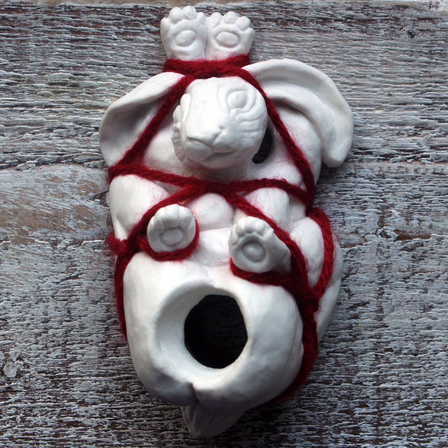 shibari bdsm skulptur, vit porslinskanin bunden med röda rep