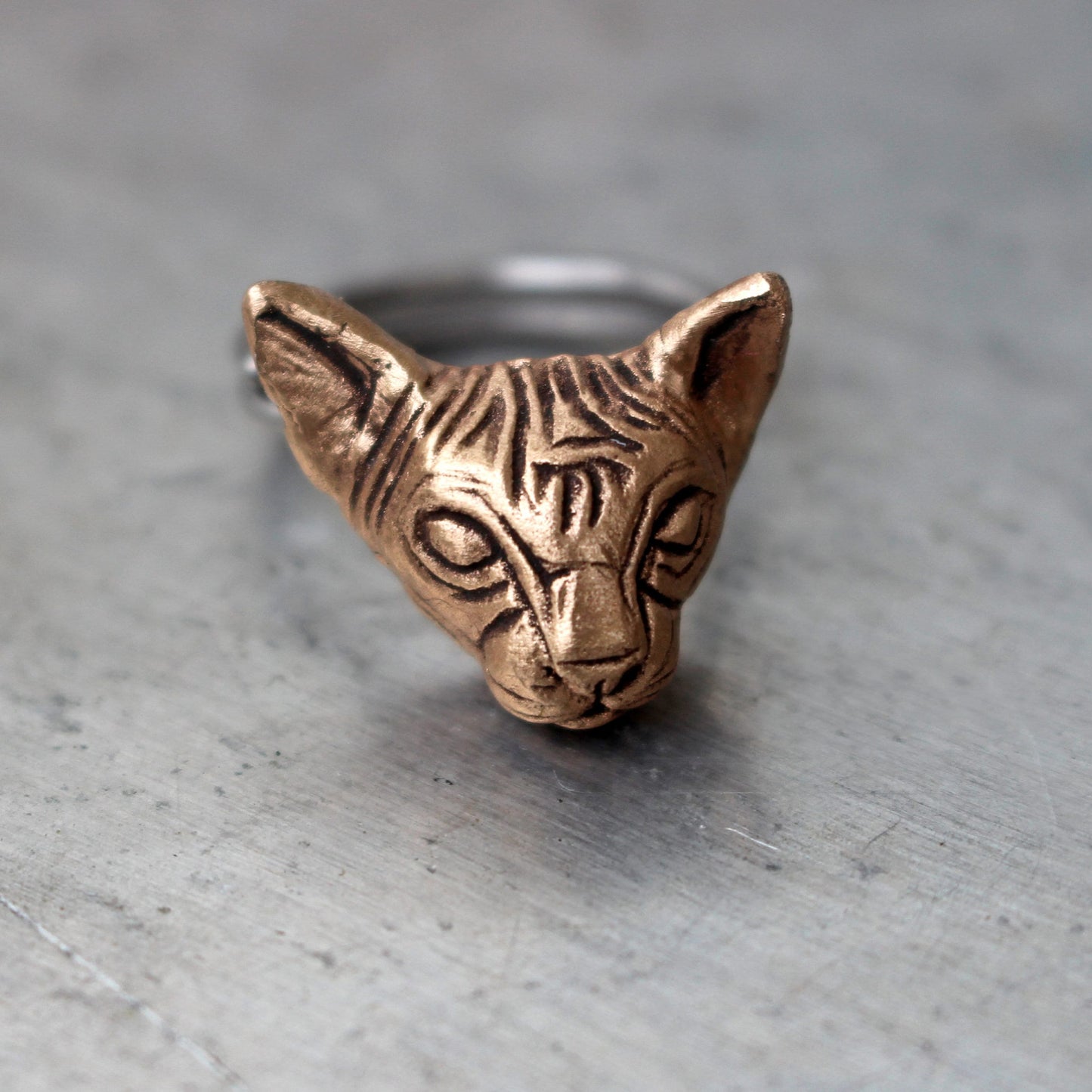 sphynx cat ring in bronze and stainless steel