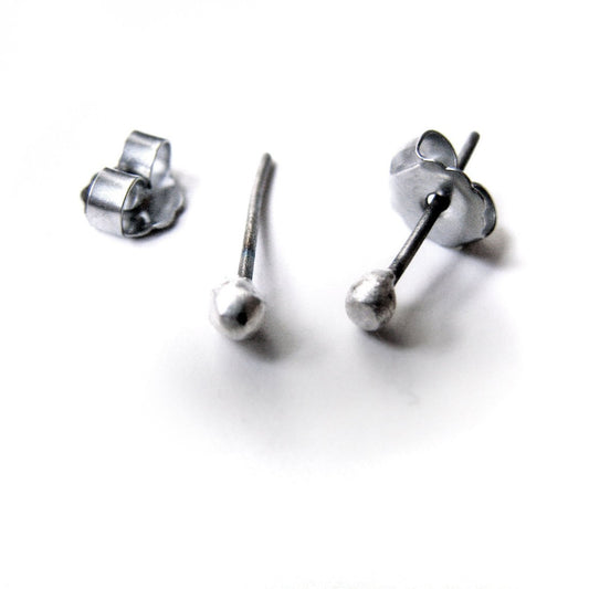 A pair of small, shiny stud earrings made of titanium or niobium with silver dots