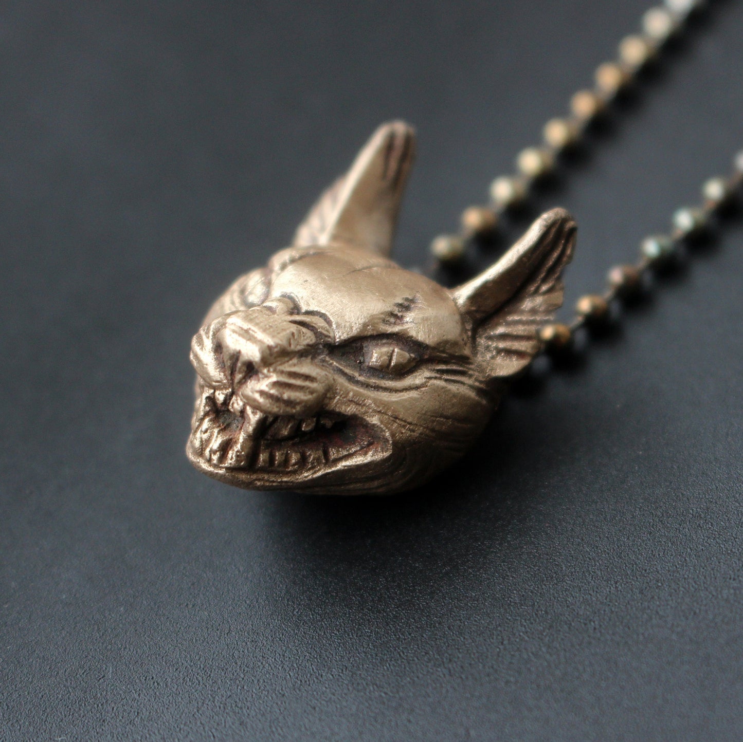 Bronze wild cat head pendant on a chain against a dark background