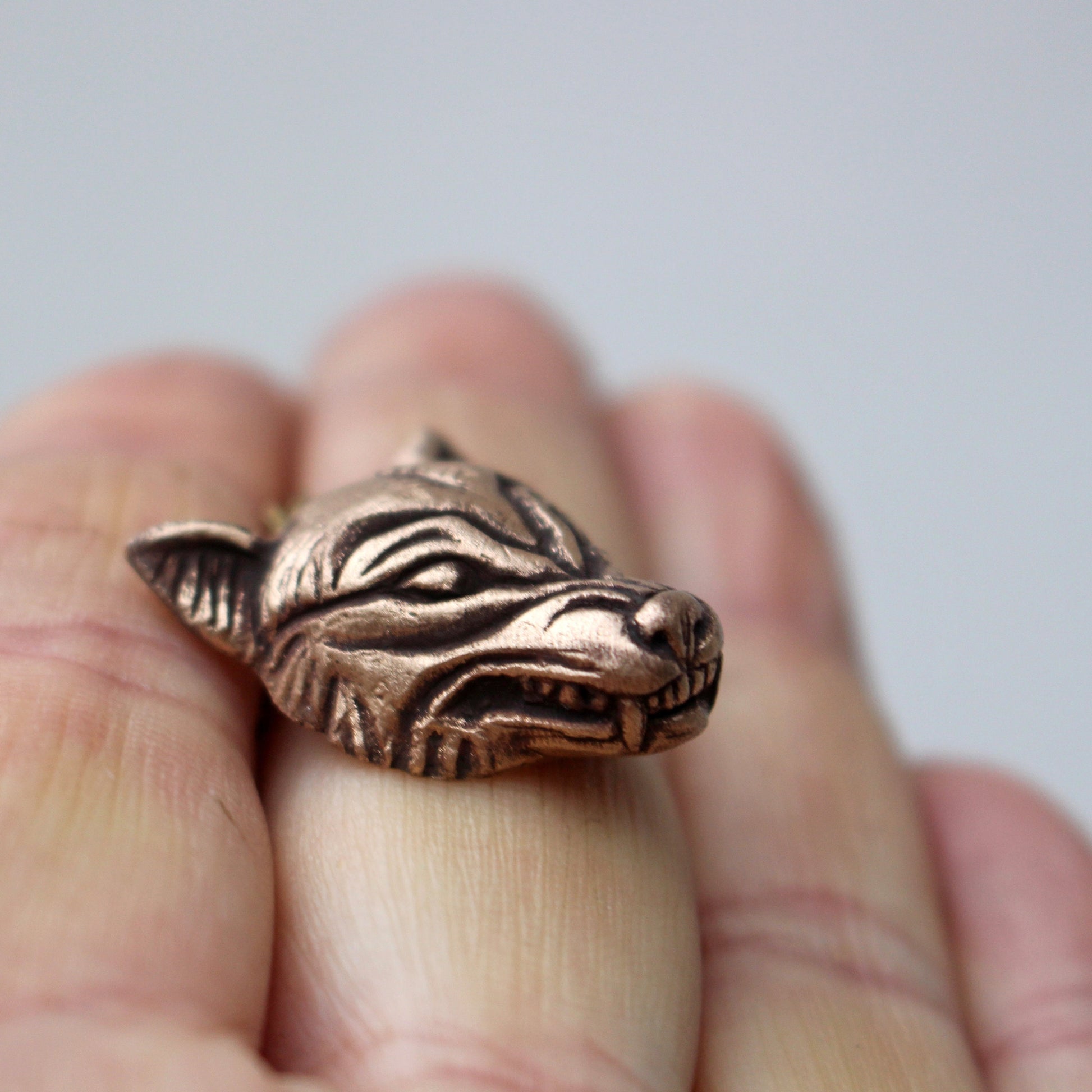 handcrafted bronze wolf head pendant necklace on a chain